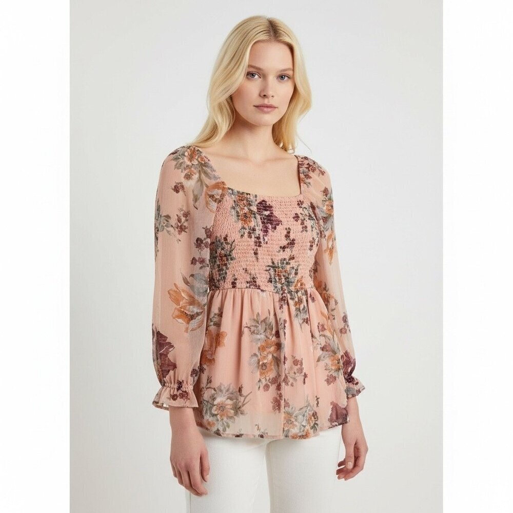 Abercrombie & Fitch Peach Floral Smocked Peplum Blouse Cottage Fairy XS